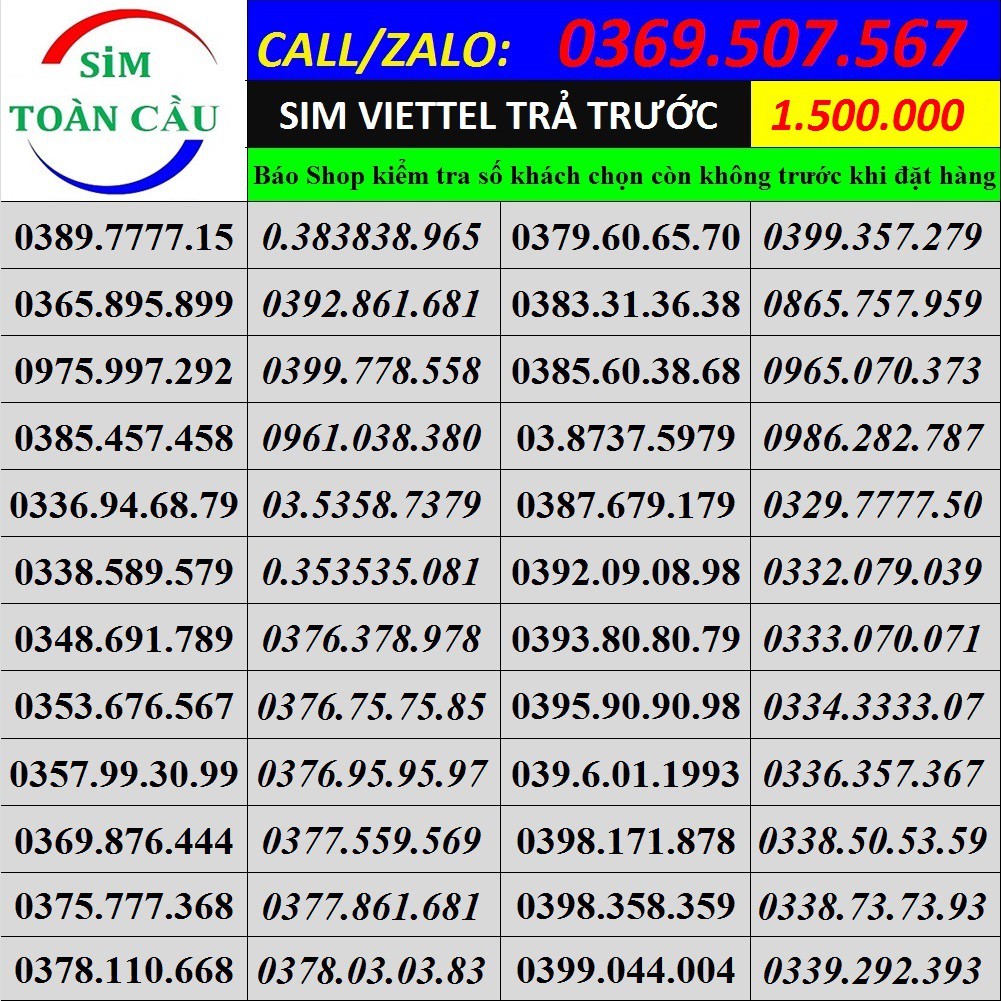 Sim số đẹp Viettel giá 1.500.000 Tam Hoa-Tứ Quý-Thần Tài-Lộc Phát-Gánh-Taxi