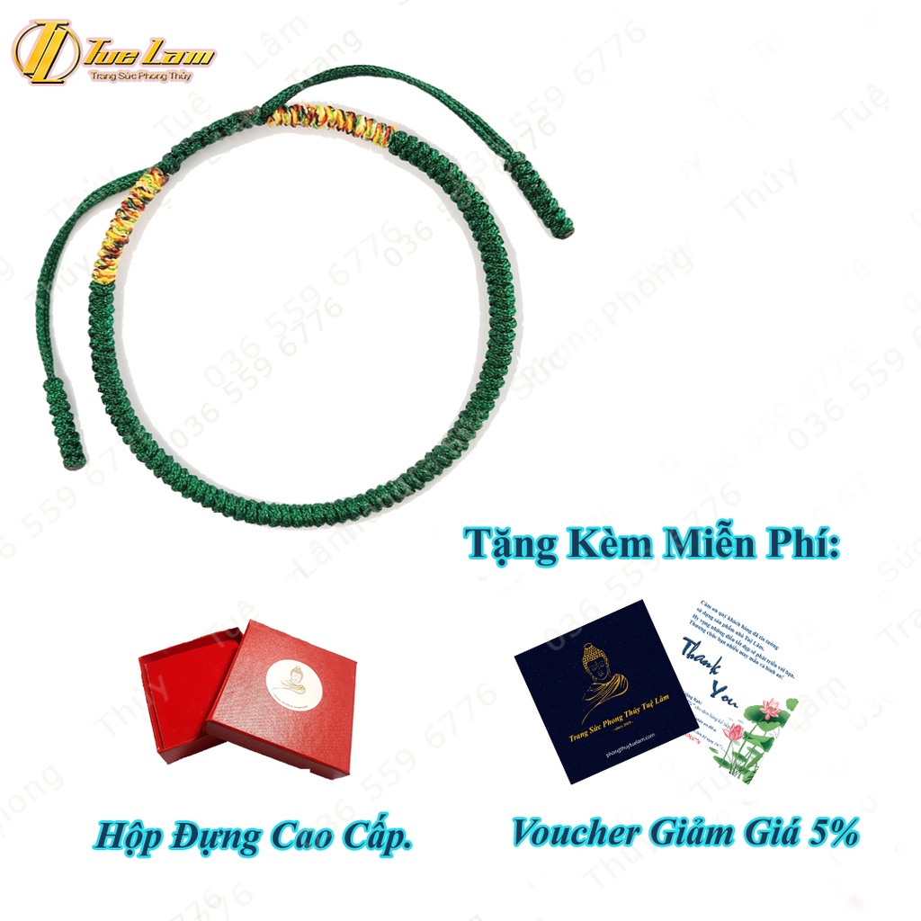 Vòng chỉ may mắn xanh rêu bện hai đầu ngũ sắc kiểu tibets bình an, hợp mệnh - Tuệ Lâm