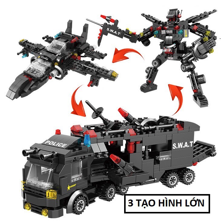 [500 CHI TIẾT] Bộ Lego lắp ráp xếp hình BIỆT ĐỘI SWAT500 gồm ROBOT, TÀU BAY, XE QUÂN SỰ