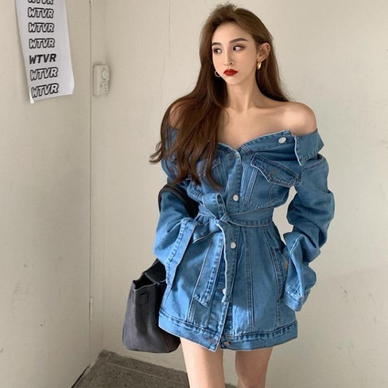 Cẩn Thận Niche Đầm Denim Một Vai Lệch Tà Ôm Dáng Thời Trang Đường Phố Mùa Thu