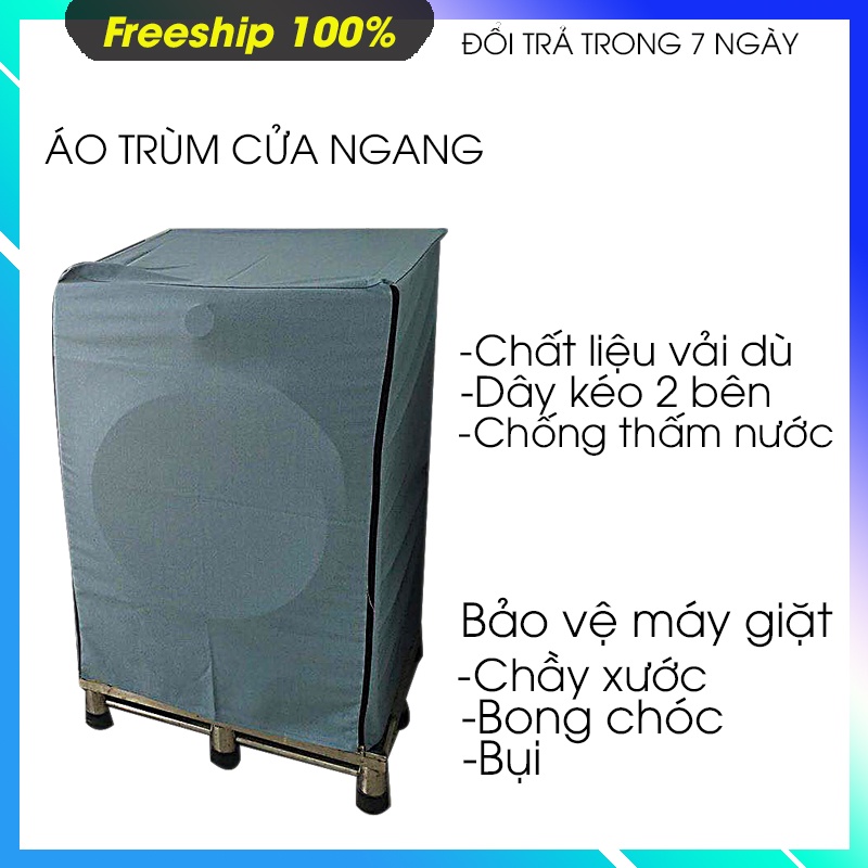 Bọc máy giặt cửa trên và ngang , chất liệu vải dù chống thấm nặng 0.4 kg,có dây kéo, có dây ràng, có viền , bền đẹp.