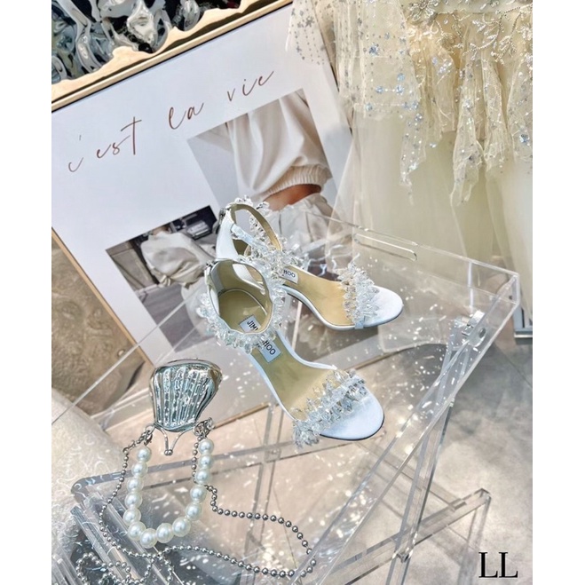 Sandal cao gót quai đá màu trắng siêu hot siêu đẹp fullbox