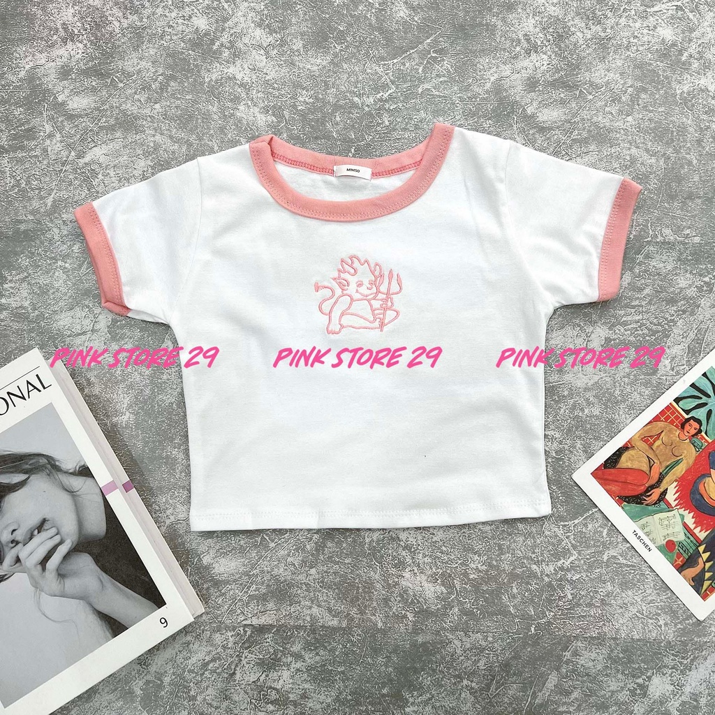 Áo Croptop Body Tay Ngắn alohashop91, Dáng Ôm Cổ Tròn Thêu Hình