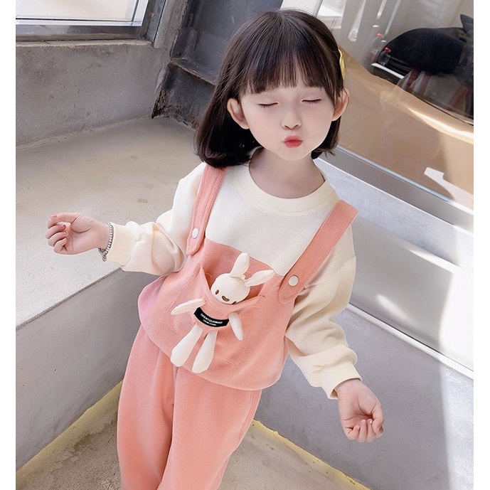 BỘ ÁO YẾM HỒNG THỎ DÀI TAY CHO BÉ