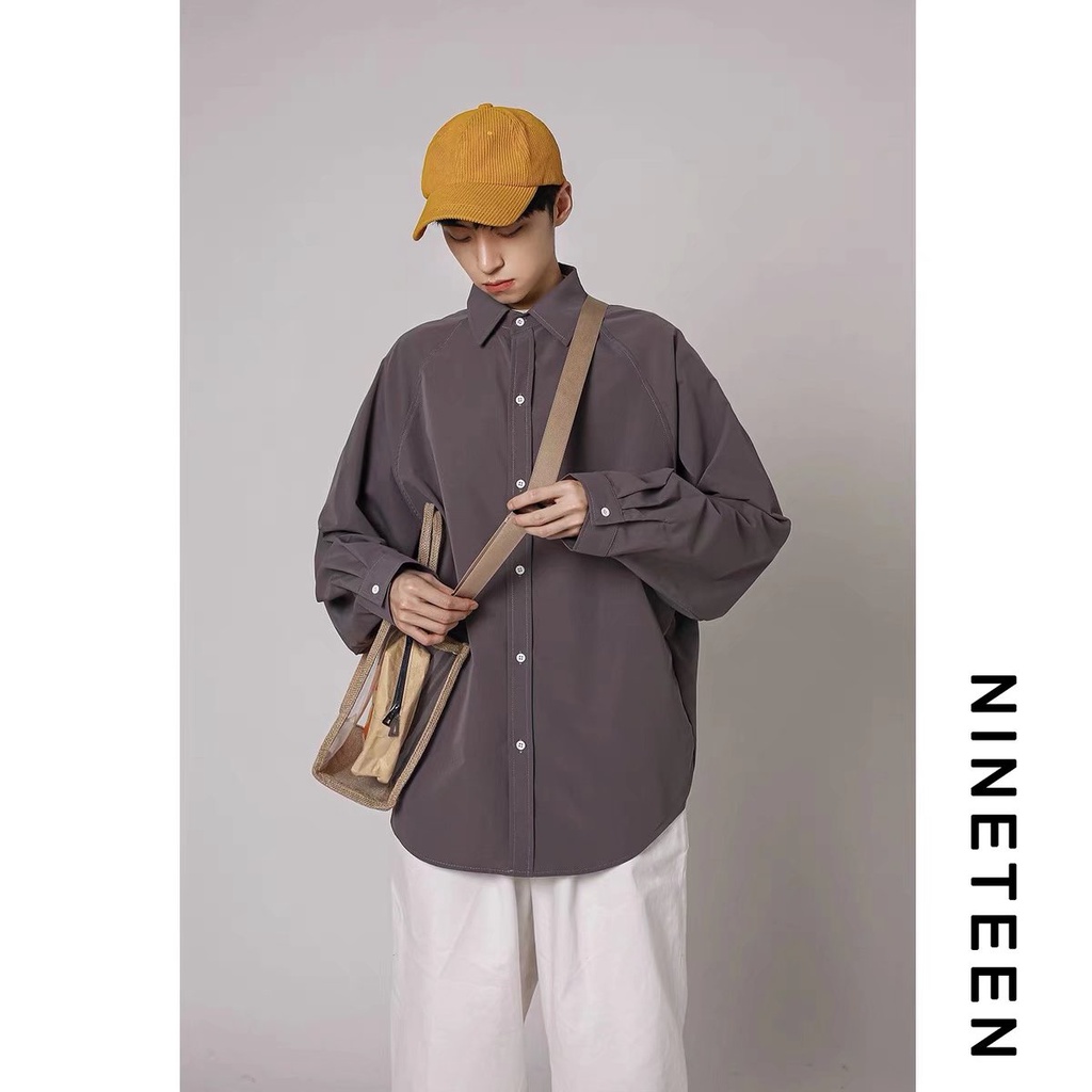 Áo Sơ Mi Trơn Tay Dài Dáng Rộng Thoáng Khí Phong Cách Hip Hop Đường Phố Hàn Quốc Cho Nam