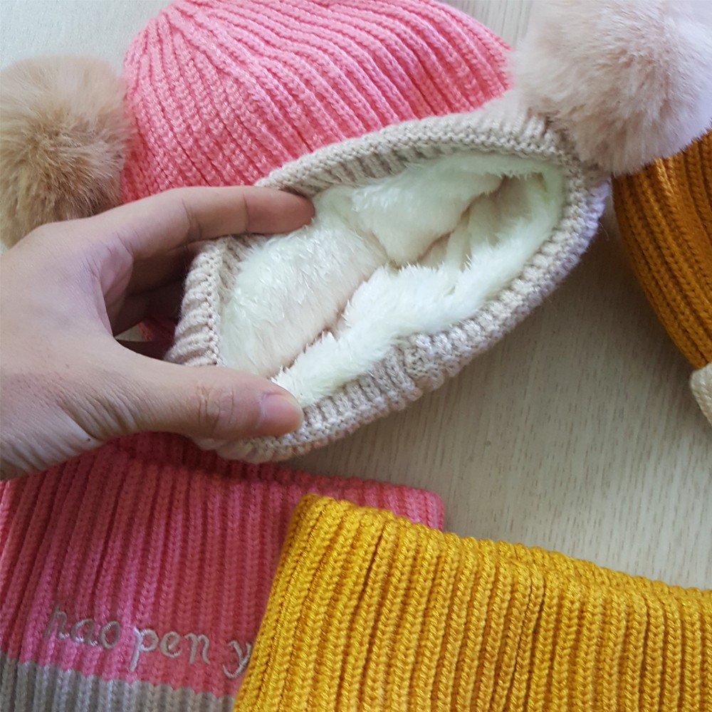 Bộ mũ len sơ sinh có lót lông kèm khăn quàng cổ giữ ấm cho bé