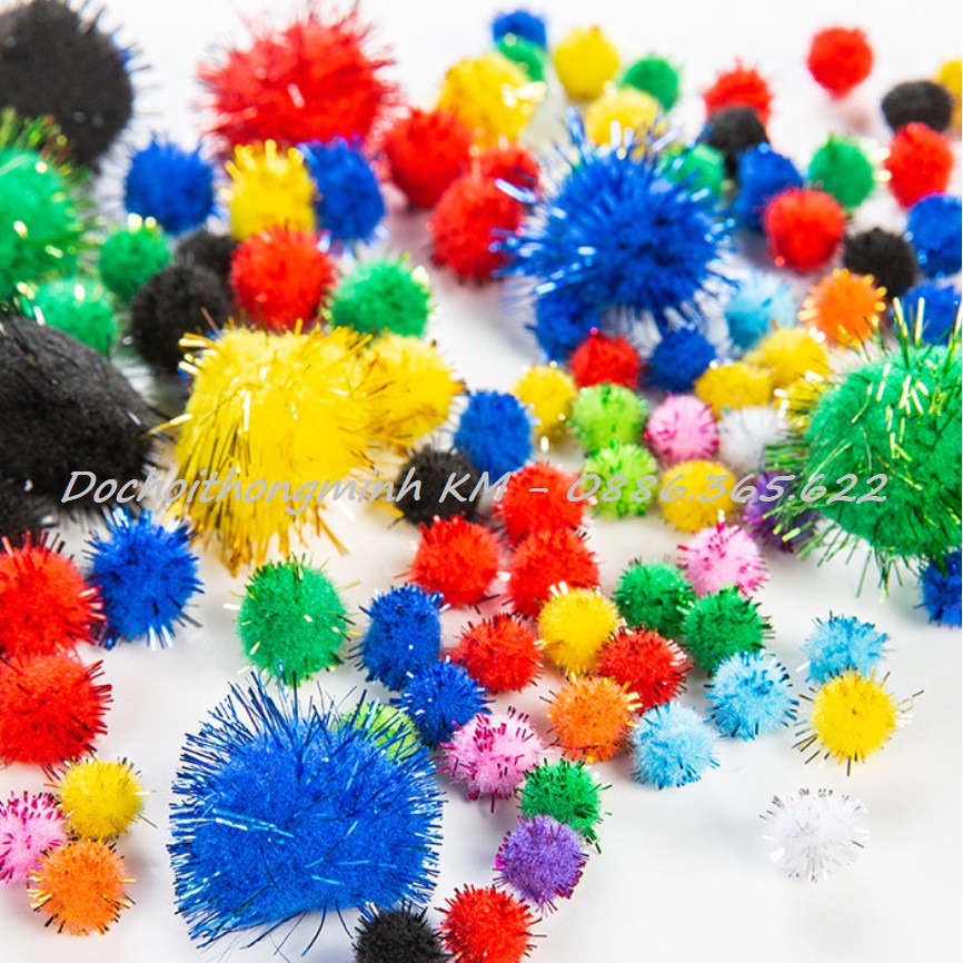 Quả bông Pompom trơn, Pompom kim tuyến nhiều size LẪN MÀU