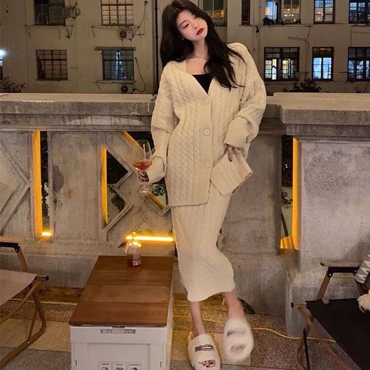 COZOK Set Áo cardigan Tay Dài Dáng Rộng + Chân Váy Dài Thời Trang Cho Nữ