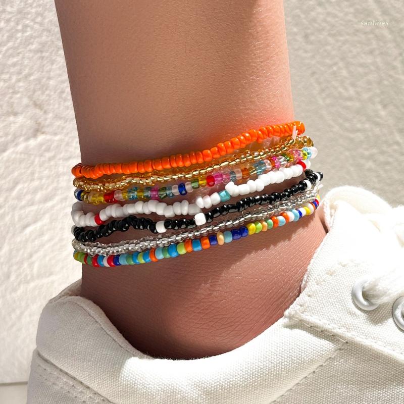 Set 7 Lắc chân Xâu Hạt Màu Sắc Cầu Vồng Co Giãn Handmade