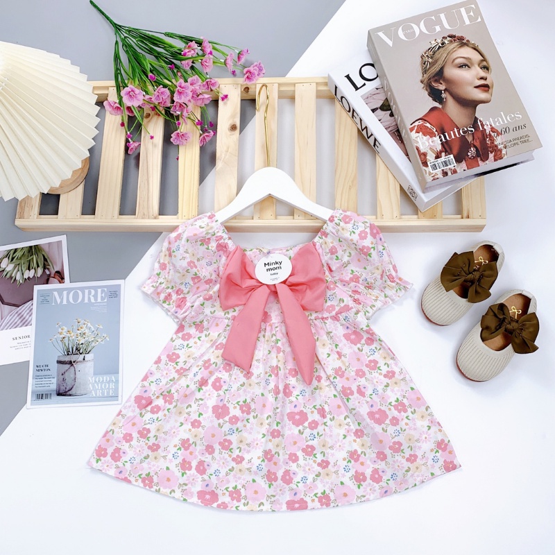 Váy cho bé gái dáng xòe công chúa chất thô hoa lụa xịn sò, đầm bé gái đính nơ trước cực dê thương _ V1