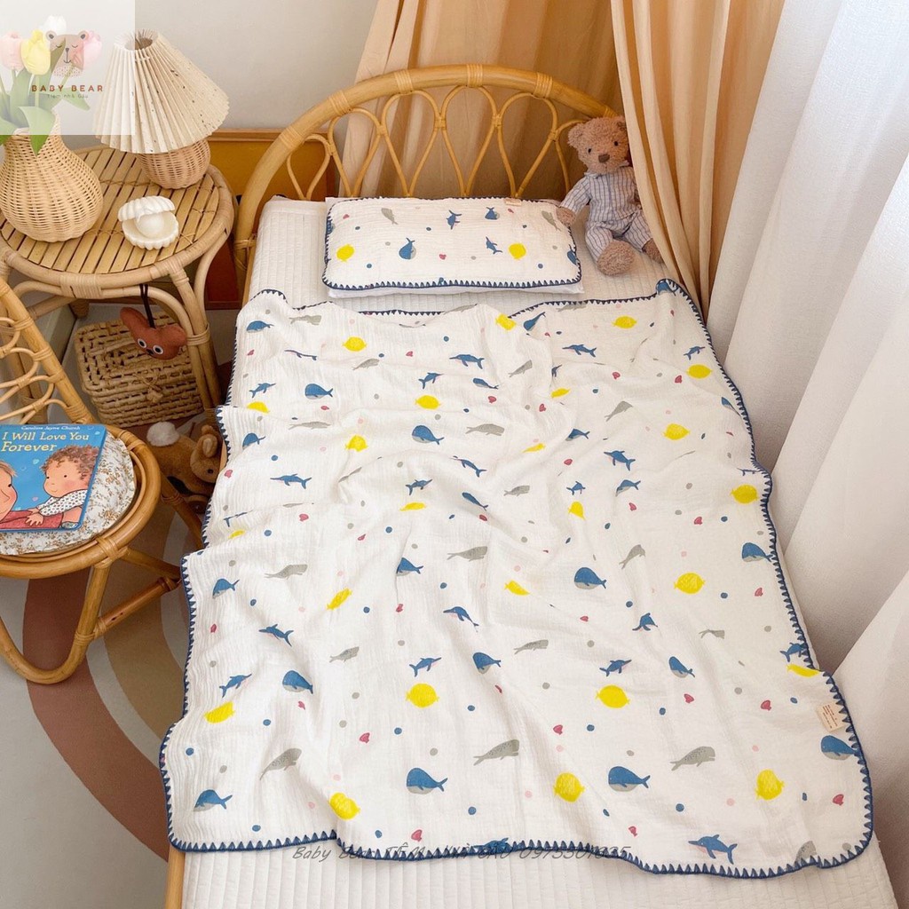 (6 mẫu) Set chăn gối xô cao cấp viển ren cho bé Xô Muslin Hàn Quốc không xù kích thước 105*110cm