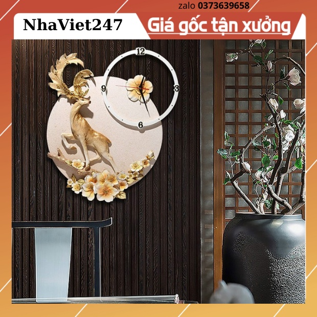 Đồng Hồ Treo Tường Trang Trí nghệ thuật Hươu Gôm-Mã 008-Kt x70x50Cm-decor tường đẹp,giá rẻ hàng nhập khẩu-bảo hành 5 năm