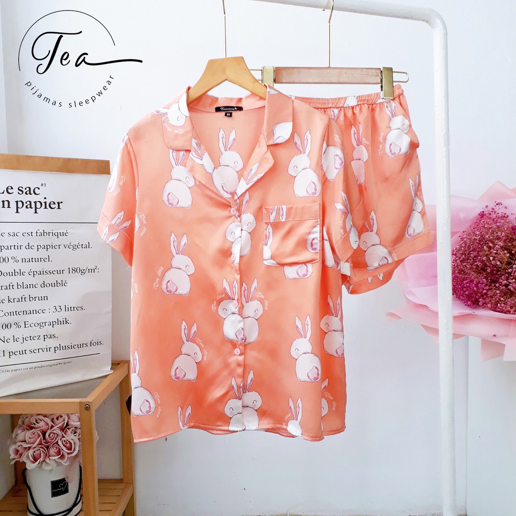 Bộ Mặc Nhà Pyjama Lụa Cộc Tea Store Họa Tiết Thỏ Đáng Yêu | BigBuy360 - bigbuy360.vn