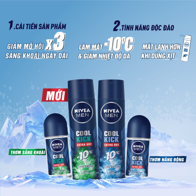 [Mã FMCGMALL -8% đơn 250K] Xịt ngăn mùi NIVEA MEN Cool Kick Mát Lạnh Thơm sảng khoái (150ml/chai) 83165