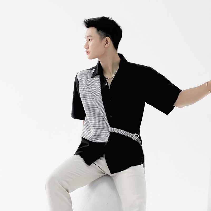 Áo Sơ Mi Tay Ngắn Nam Trắng/Đen Phối Vest Đen Premium Unisex Chất Vải Dày Đẹp Mr Smile 99 Shop