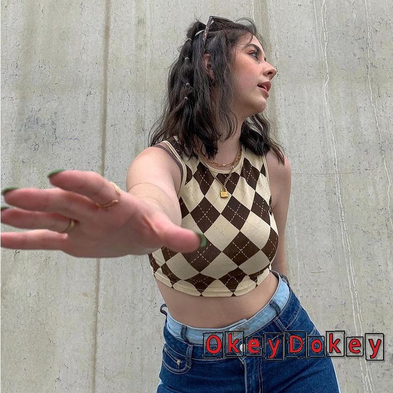 Áo Croptop Không Tay Cổ Tròn In Họa Tiết Dễ Thương Dành Cho Nữ