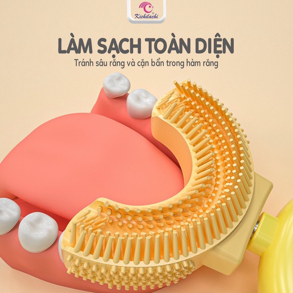 Bàn chải đánh răng silicone chữ U hình khủng long cho bé KICHILACHI có nắp đậy