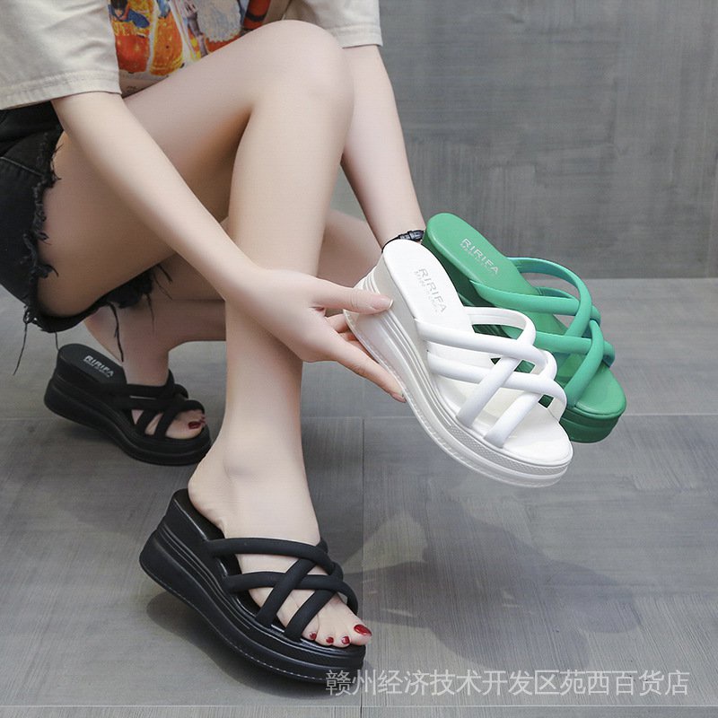 "Fast delivery" wedge slippers women's 2022 summer new cross-band Cake bottom line casual women's fish mouth high heel slippers F3K5