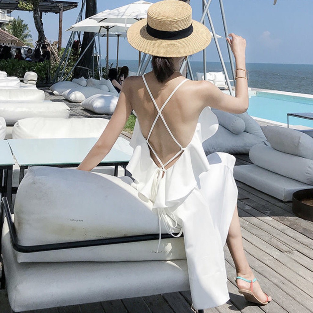 Đầm Trắng Xòe Đi Biển Hai Dây Đan Lưng Có Lót Trong - DX985 | BigBuy360 - bigbuy360.vn