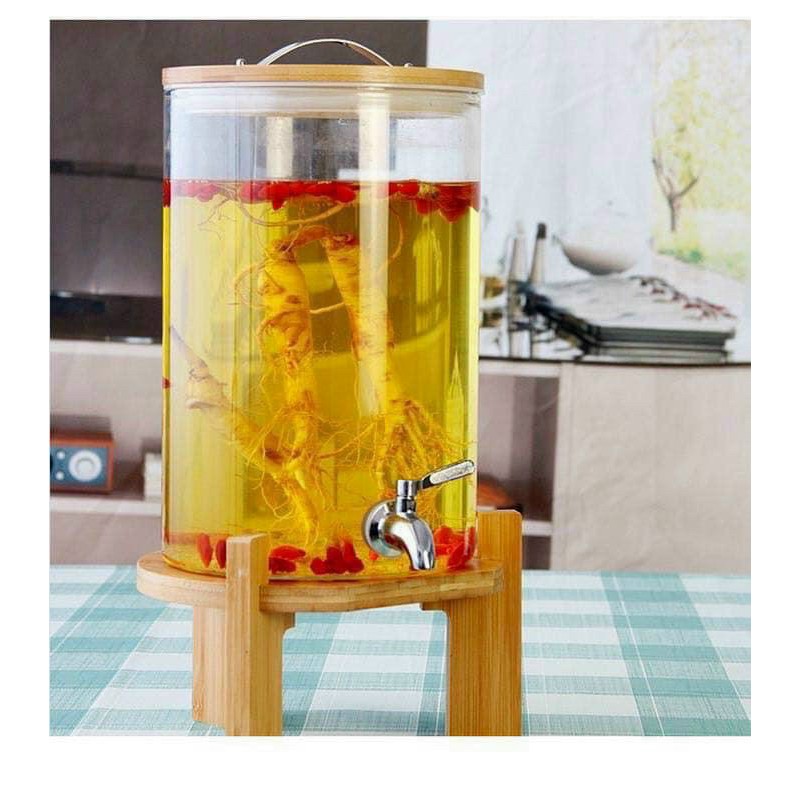 BÌNH THỦY TINH ĐẾ GỖ VÒI TRẮNG INOX CAO CẤP CHỊU NHIỆT NÓNG LẠNH 400 ĐỘ