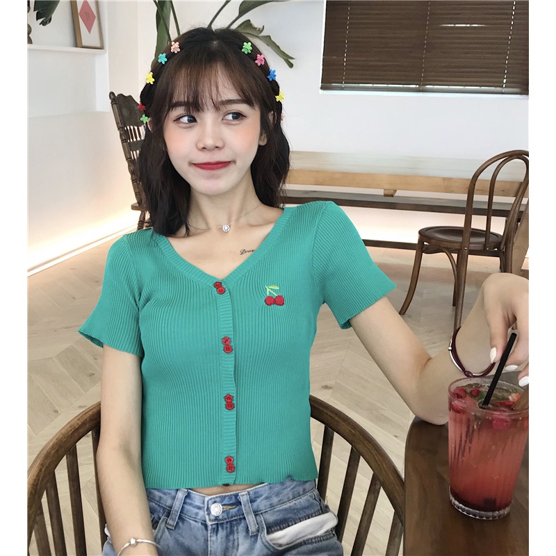 Áo Dệt Kim Ngắn Tay Cổ Chữ V Thêu Họa Tiết Xinh Xắn Dành Cho Nữ