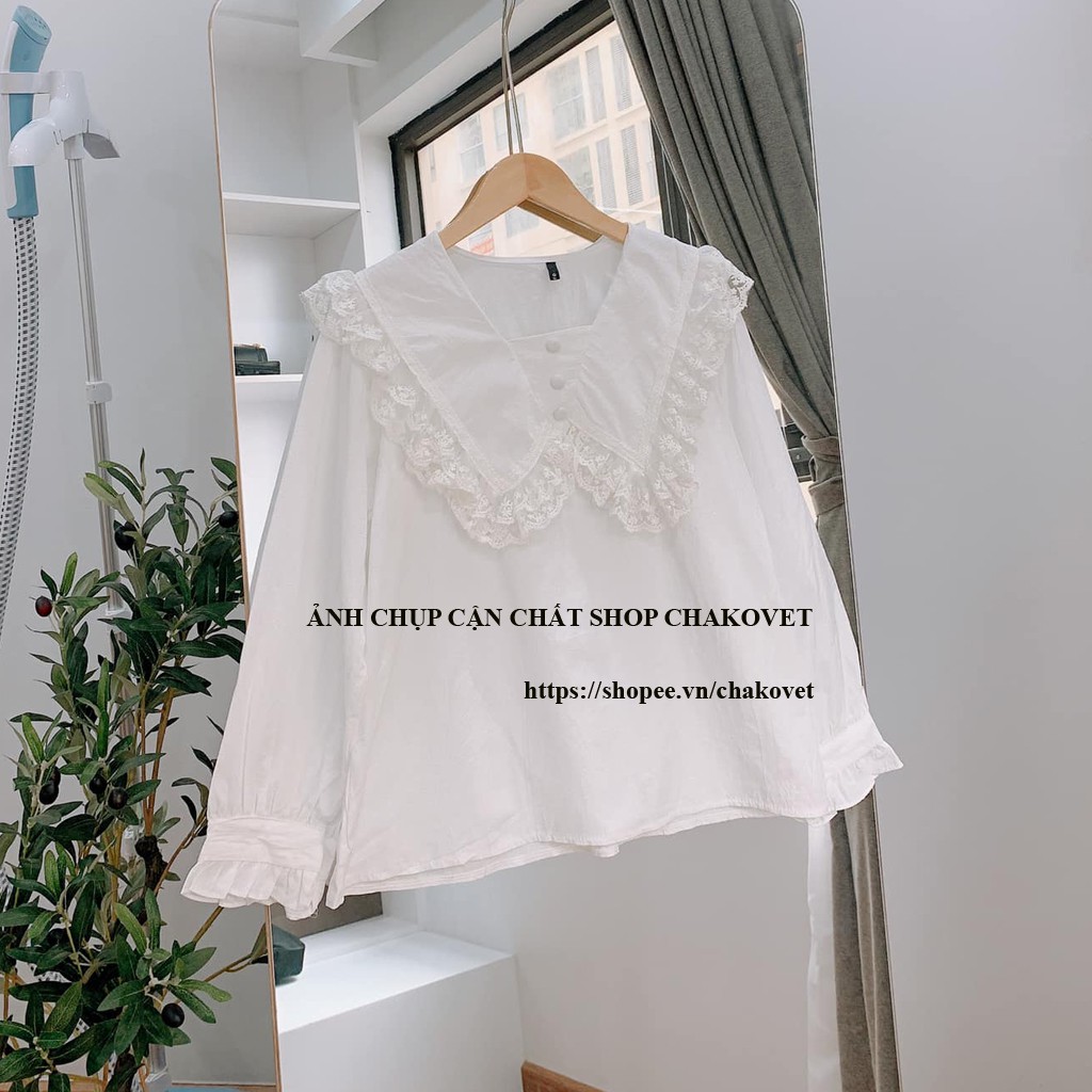 Áo sơ mi nữ viền ren cúc bọc tay dài màu trắng be phong cách thời trang Hàn Quốc -CKA169 | BigBuy360 - bigbuy360.vn