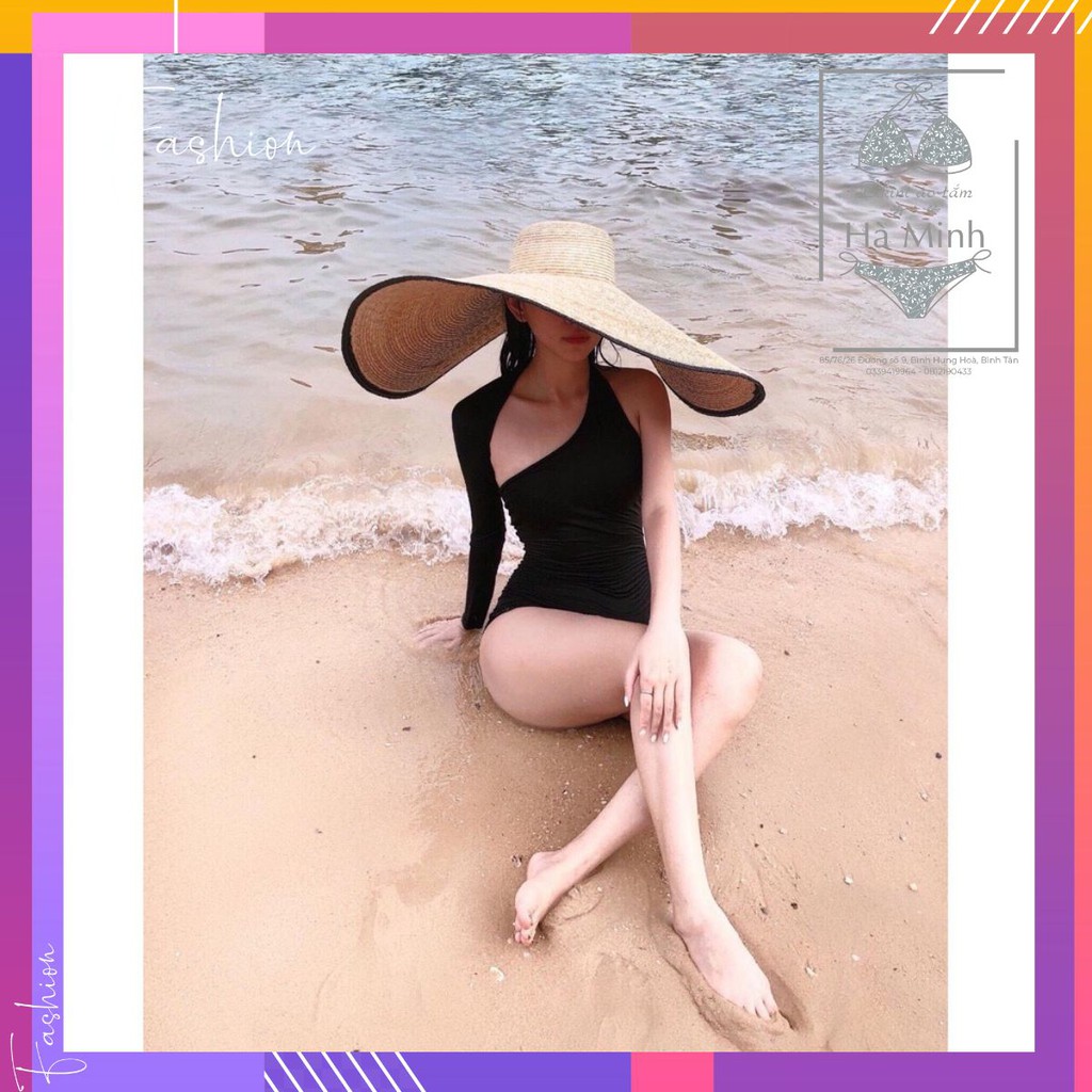 Bikini, bộ bơi liền thân lệch vai tay dài, màu đen siêu sang chảnh - EVA shop