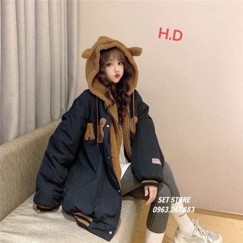 Áo Khoác Kaki Nữ Mũ Tai Gấu thêu chữ,Hàng loại 1 Lót Lông 2 lớp,Áo phao kiểu nữ đẹp