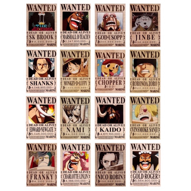 Combo 16 ảnh one piece truy nã wanted siêu chất có đề can bóc dán