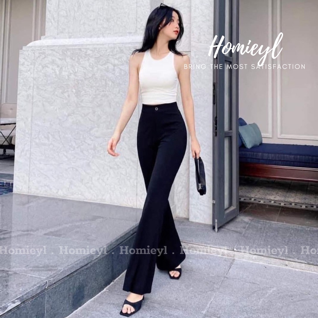 Quần ống loe cạp cao Homieyl cao cấp, quần ống rộng nữ lưng cao dáng suông đen chất vải trượt thái đẹp đi làm đi chơi