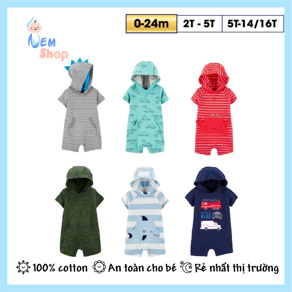 (CHỌN MẪU) Body đùi bé trai có mũ, bộ áo liền quần cotton thoáng mát năng động cho bé cài đũng tiện lợi