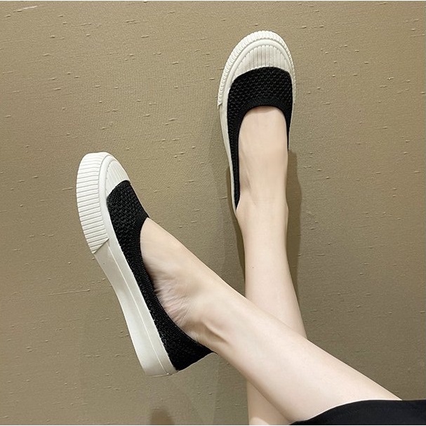 Giày Nữ Ulzzang Vintage, Giày Búp Bê Vải Dệt Kim Thoáng Khí Êm Chân Mix 2 Màu Đế Độn 3cm, Hàn Quốc - Iclassy_shoes