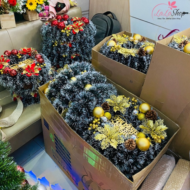Vòng nguyệt quế Noel treo cửa trang trí giáng sinh đẹp kèm đèn-Mua vòng nguyệt quế trang trí Noel giá sỉ