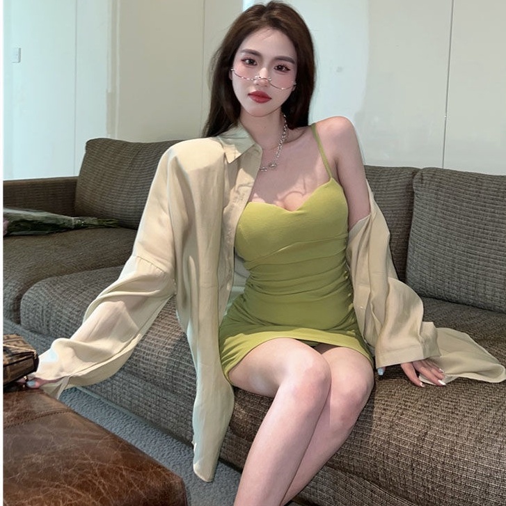 [MURIOKI] Set Đầm 2 Dây + Áo Sơ Mi Tay Dài Dáng Ôm Phong Cách Hàn Quốc Thời Trang 2022 Quyến Rũ Cho Nữ