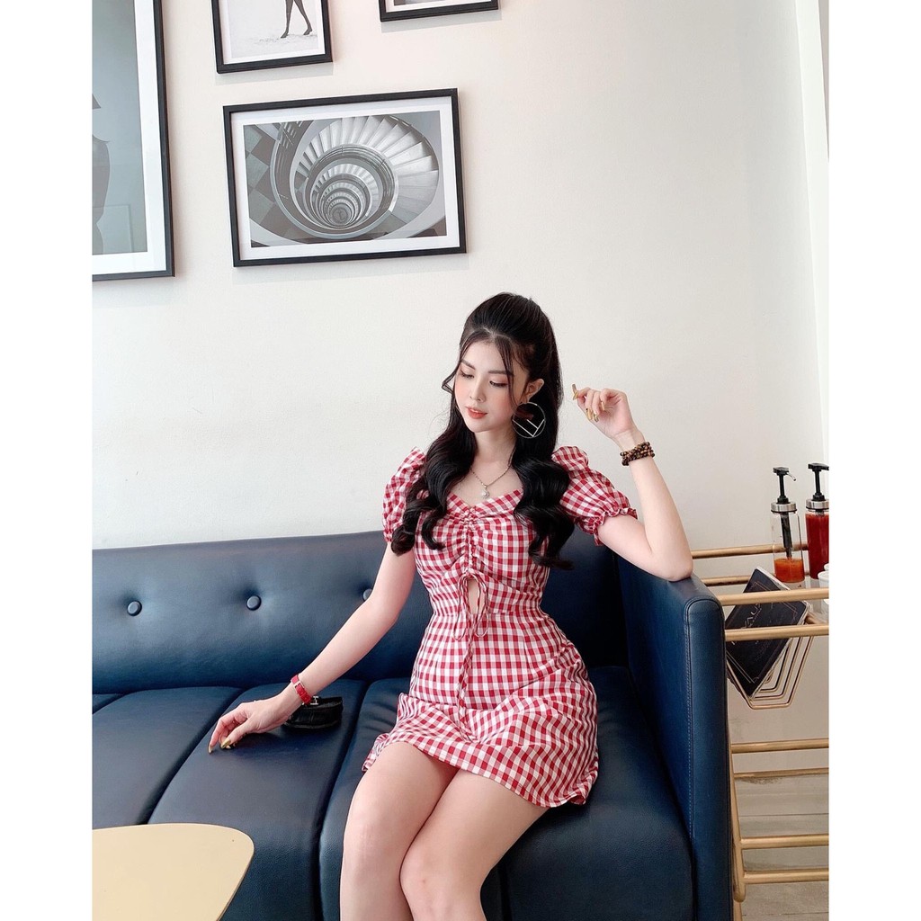 Đầm caro kate rút ngực hở eo dịu dàng TTSA0411