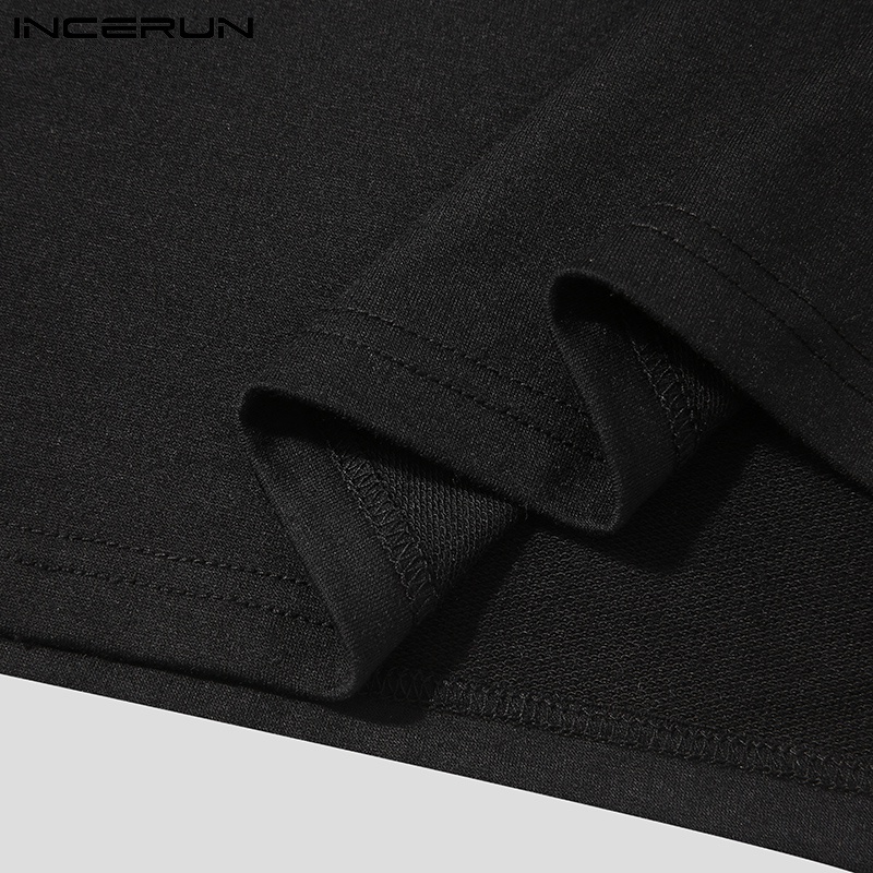 Áo thun nam INCERUN màu đen trơn tay ngắn lưng rỗng cá tính thời trang