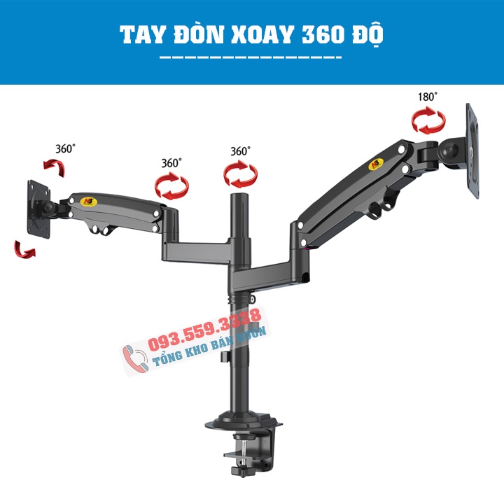 Giá Treo Màn Hình NB H160 / H180 17 - 27 - 35 inch / Tay Treo Hai Màn Hình Kẹp Bàn - Xoay 360 Độ [ Mới Hơn NB F160 ]