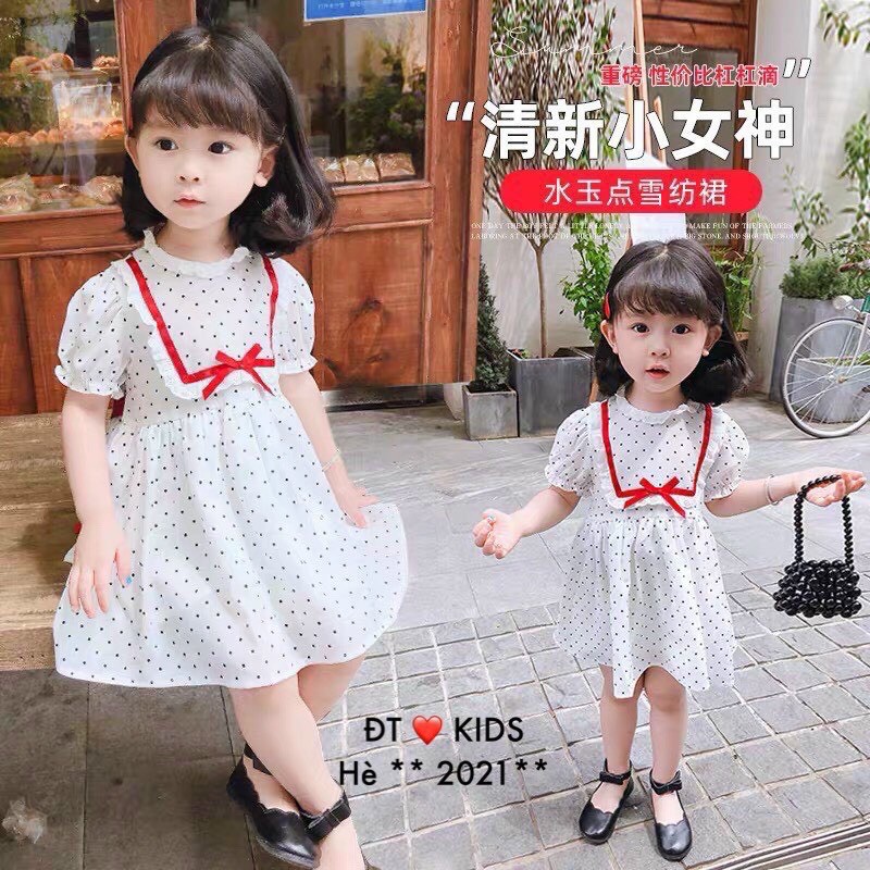 Váy chấm bi cổ ren cho bé 8-23kg phối nơ đỏ chất thô đũi cực mềm nhẹ mát cho bé xinh lung linh BBShine – D079