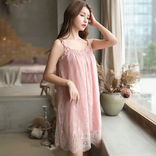 Váy ngủ 2 dây lụa ren hồng nude