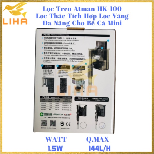 Lọc Treo Atman HK-100 (1.5W-144L/H) - Lọc Thác Tích Hợp Lọc Váng Cho Bể Cá Mini