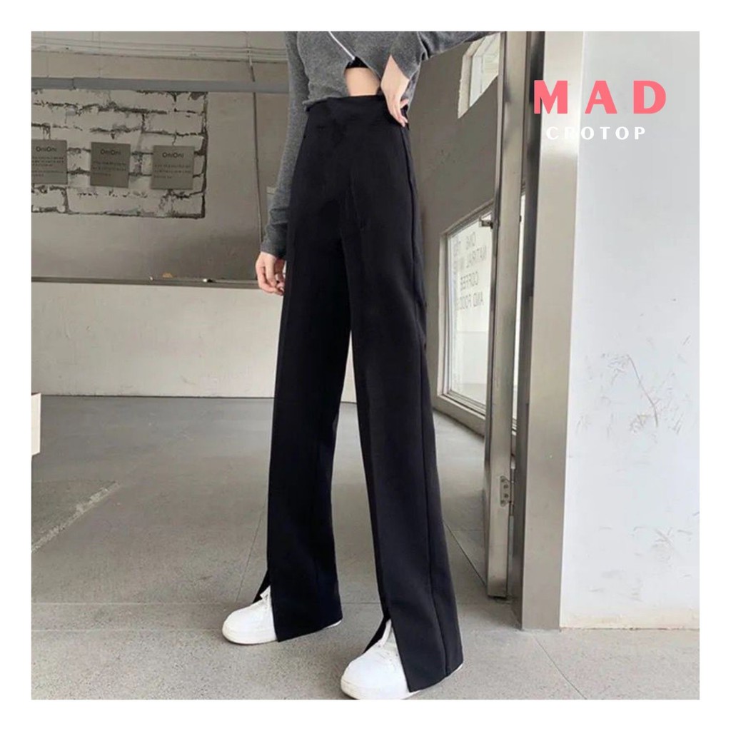 Quần Ống Loe Màu Đen Viền Kẻ Ống Đứng Xẻ Gấu Thời Thượng MADCROTOP QRM103 | BigBuy360 - bigbuy360.vn
