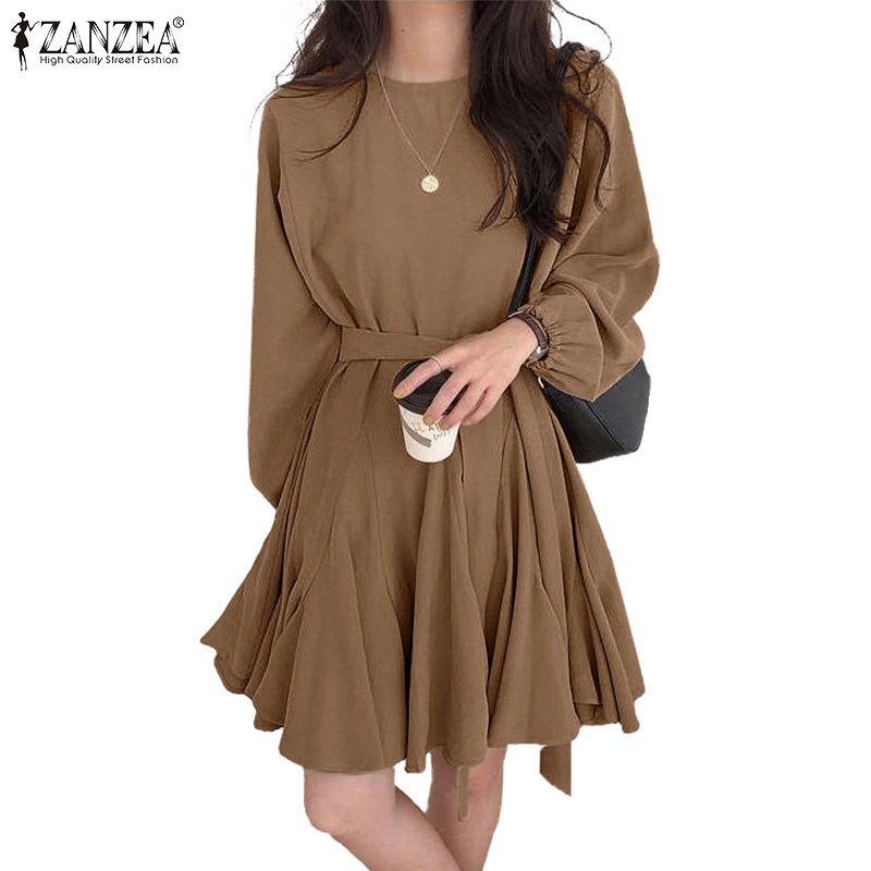 Đầm ngắn ZANZEA tay dài phồng cổ tròn ống tay co giãn xếp ly dành cho nữ