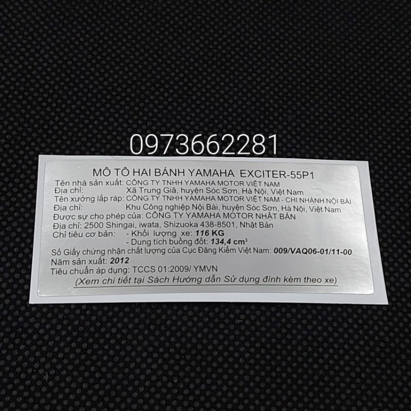Tem thông số năm Sản xuất EXCITER 135 2012. 55P1, Tem dán càng gắp