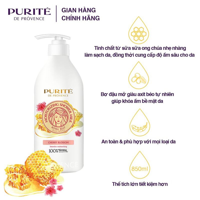 Sữa Tắm Purité Dưỡng Ẩm Sữa Ong Chúa & Hoa Anh Đào Moisturizing Shower Milk Royal Jelly & Cherry Blossom 850ml