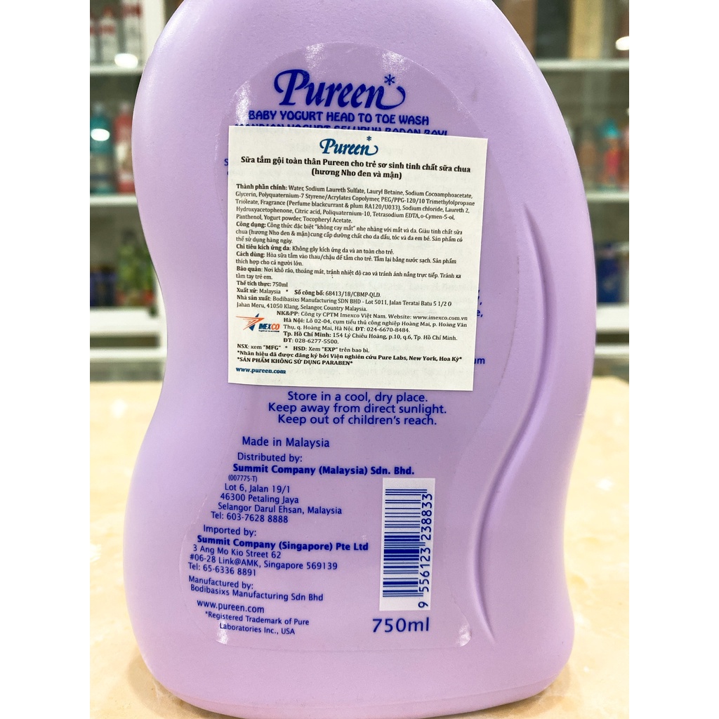 Sữa Tắm Gội Toàn Thân Cho Bé Sơ Sinh Và Trẻ Em PUREEN Nhập Khẩu Malaysia 750ml Mẫu Mới