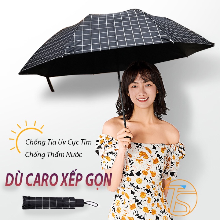 Cây Dù Xếp Gọn Sọc Caro 8 Nan Chống Tia Cực Tím, Tia Uv Nhiều Màu Lựa Chọn