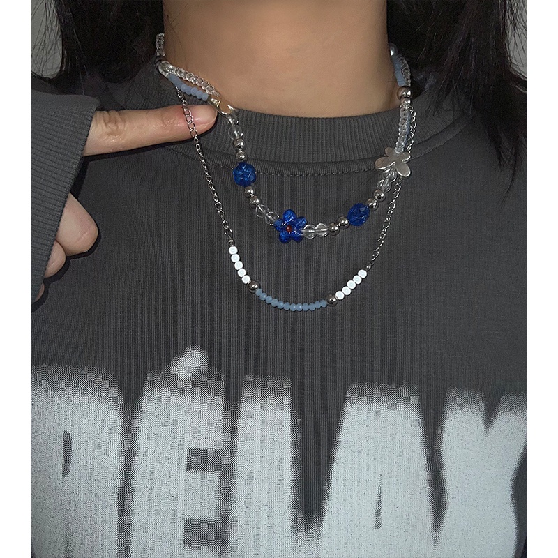 Vòng cổ Hai Lớp Đính Hạt Hình Hoa Xanh Dương