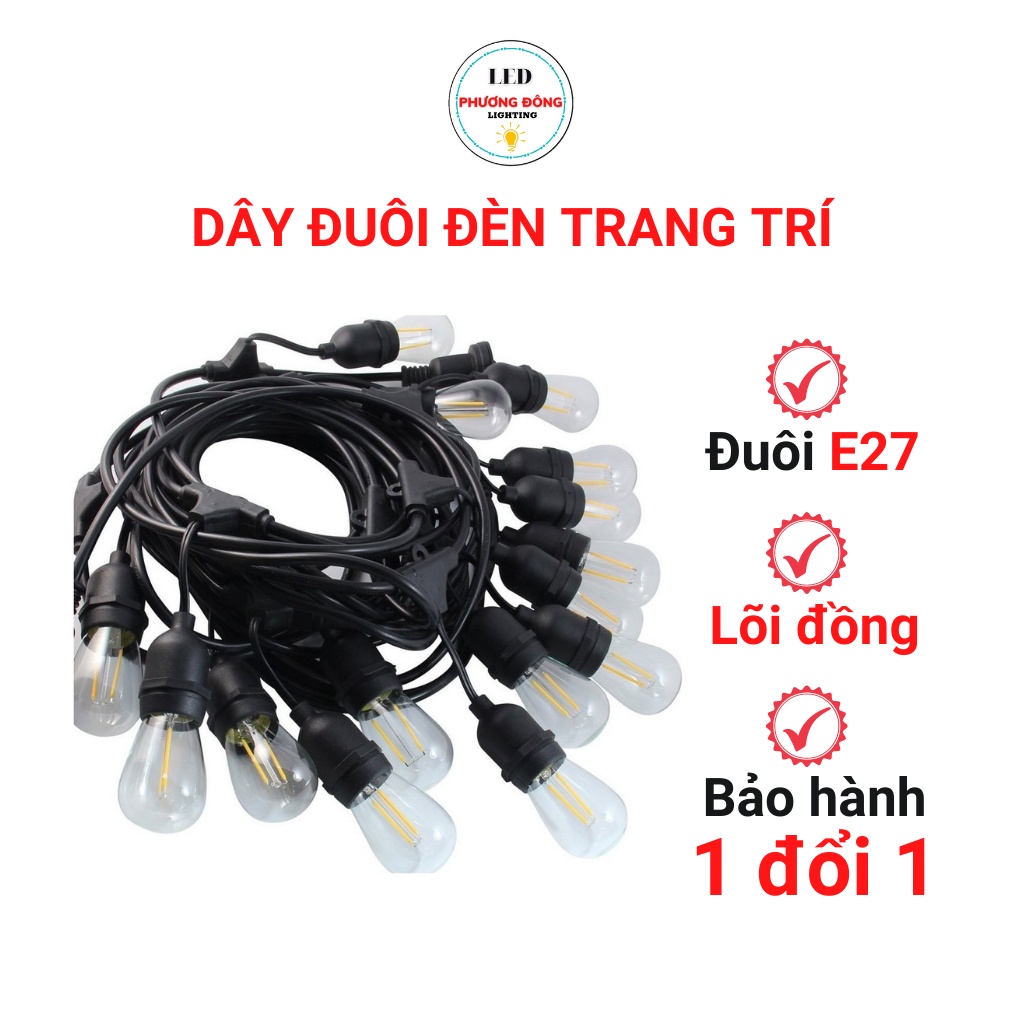 Dây đui đèn trang trí ngoài trời kín nước, dây màu đen, dài 5m 10 đui, 10m 15 đui, 10m 20 đui