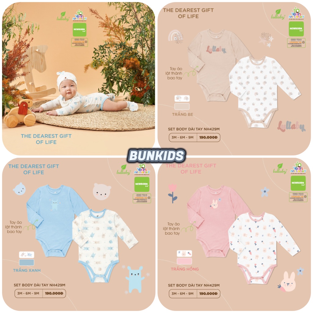 Set 2 Bộ liền body chip dài tay LULLABY vải cotton 100% bé sơ sinh NH 429 M