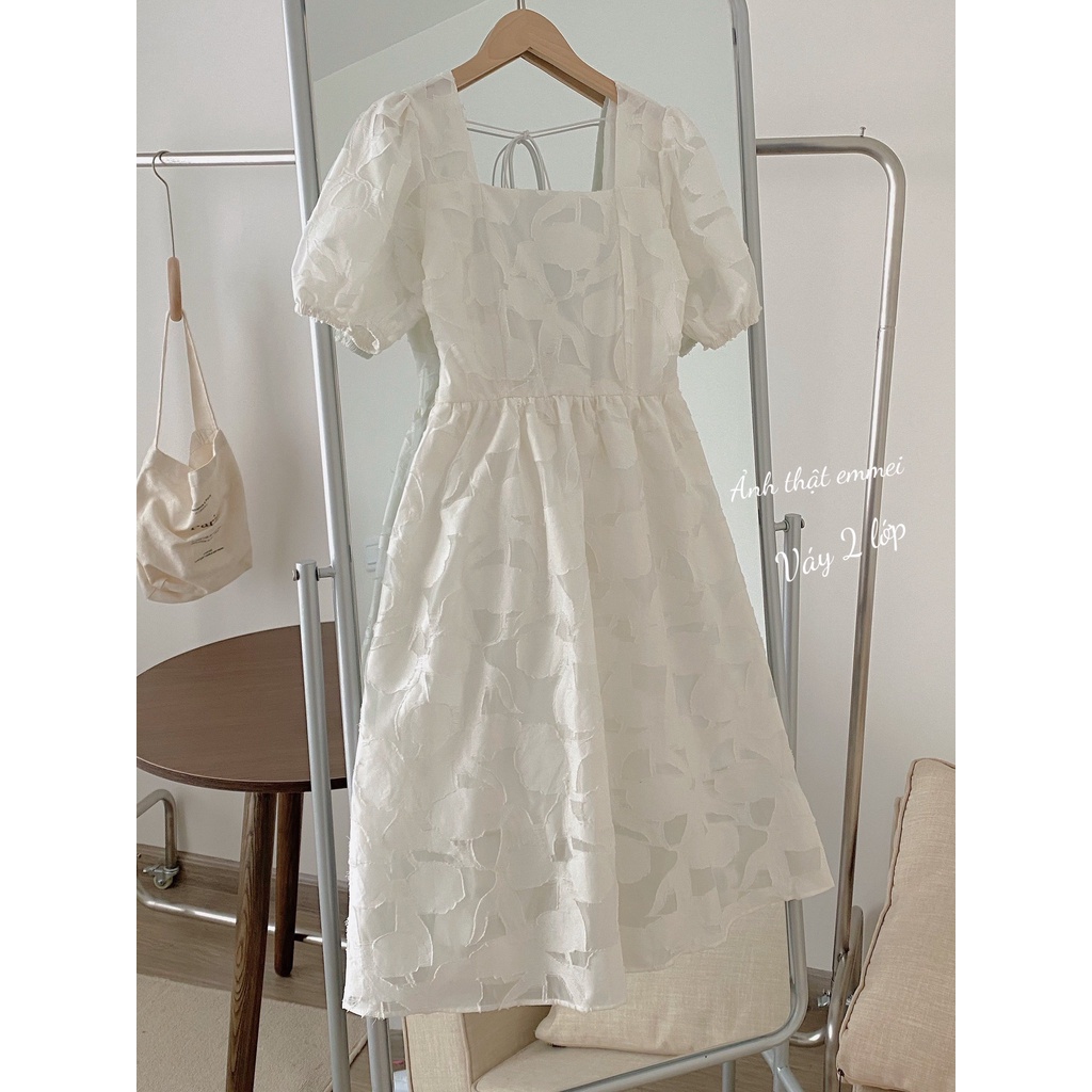 Váy trắng hở lưng cổ vuông, đầm tiểu thư thắt nơ tay bồng emmei v83